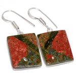 Natural Unakite Rectangle Gemstones Set in .925 Silver Earrings