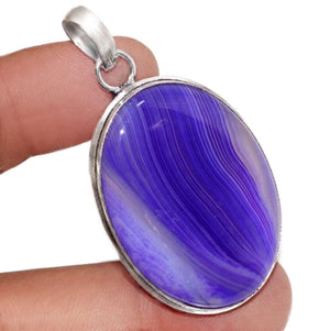 Natural Purple Botswana Lace Agate Oval Gemstone  .925 Silver Pendant