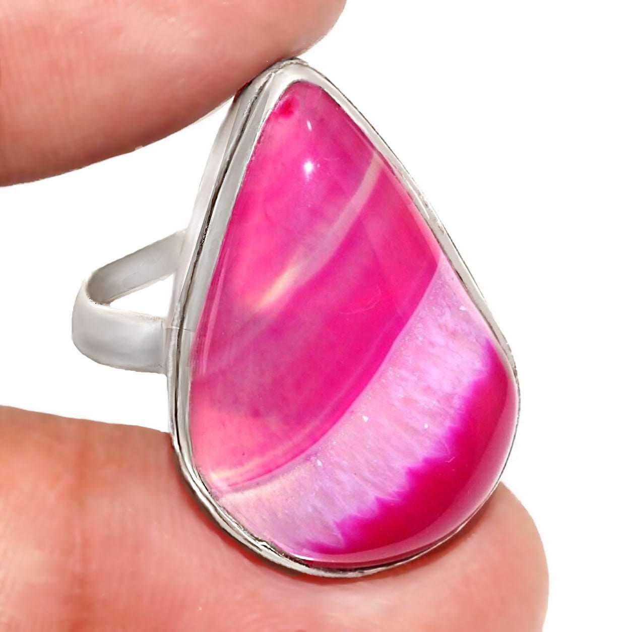 Natural Pink Lace Botswana Agate Pear Gemstone .925 Sterling Silver Ring Size 8 / Q