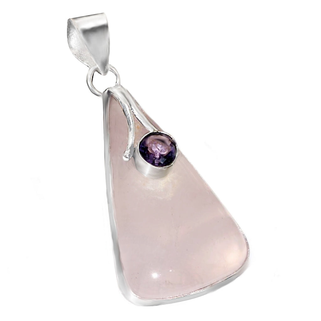 Natural Pink Rose Quartz , Purple Amethyst Mixed Shape Gemstones .925 Sterling Silver Pendant