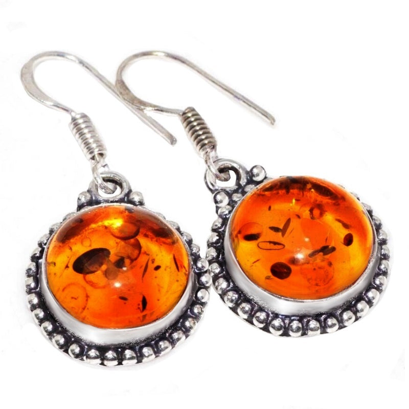 Handmade Pressed Amber Round Shape set In .925 Silver Earrings Amber Gemstone In .925 Silver Earrings