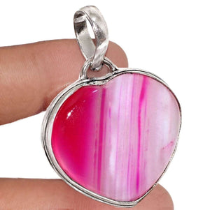 Natural Pink Botswana Lace Agate Heart Shape Gemstone .925 Sterling Silver Plated Pendant