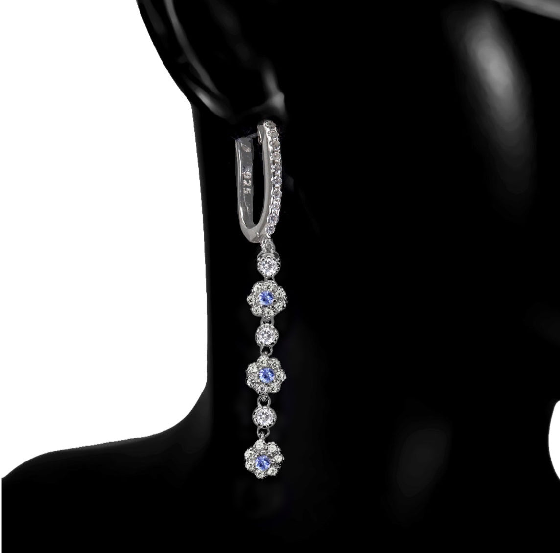 Alluring Natural Unheated Tanzanite White Cubic Zirconia Solid .925 Silver & White Gold Earrings