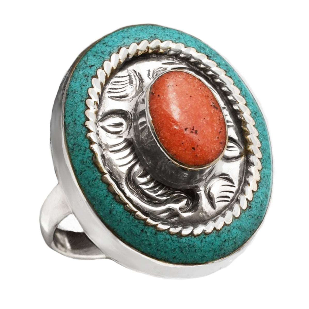 Handmade From Nepal Natural Turquoise and Red Coral Oval 925 Silver EP Adjustable Size Ring