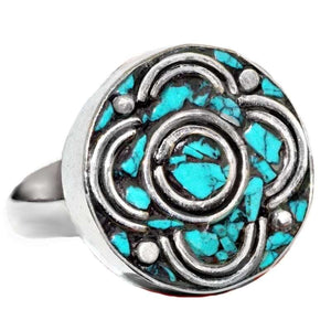 Handmade From Nepal Natural Turquoise Gemstone Tibetan Silver Adjustable Size Ring