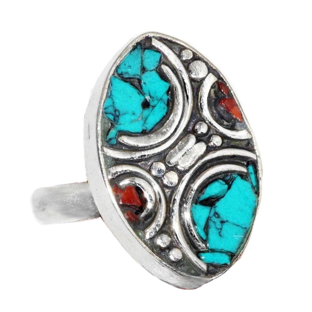 Handmade From Nepal Natural Turquoise and Red Coral Tibetan Silver Adjustable Size Ring