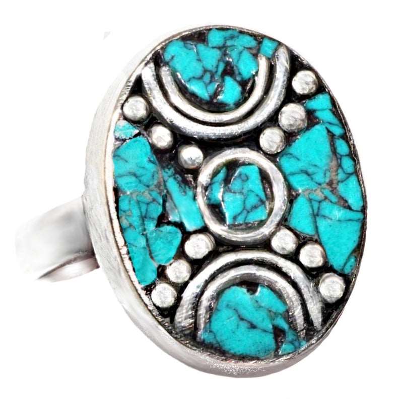 Handmade From Nepal Natural Turquoise Gemstone Oval Shape Tibetan Silver Adjustable Size Ring