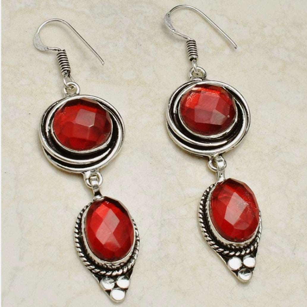 Handmade Red Rainbow Fire Topaz Garnet Gemstone .925 Sterling Silver Earrings