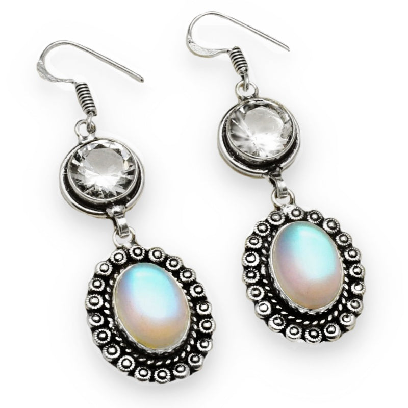 Aqua Pink Mystic Fire Topaz Oval and White Topaz .925 Sterling Silver Earrings