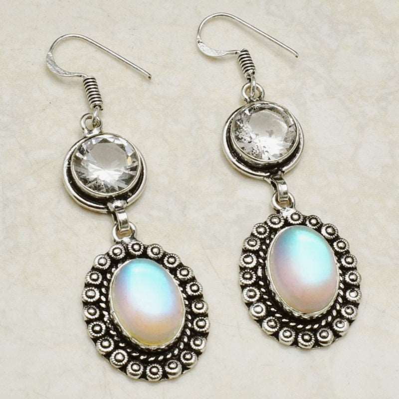 Aqua Pink Mystic Fire Topaz Oval and White Topaz .925 Sterling Silver Earrings