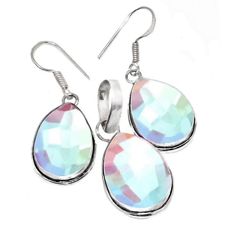 Handmade Rainbow Fire Topaz Gemstone .925 Sterling Silver Pendant and Earrings Set