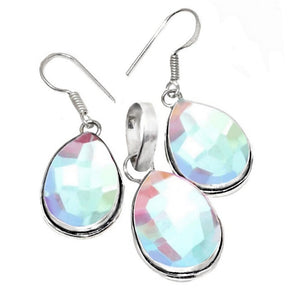 Handmade Rainbow Fire Topaz Gemstone .925 Sterling Silver Pendant and Earrings Set