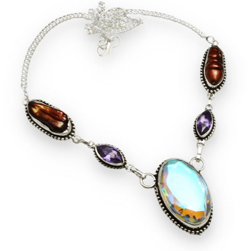 Aqua PInk Mystic Fire Topaz Purple amethyst and Biwa Pearl .925 Sterling Silver Necklace