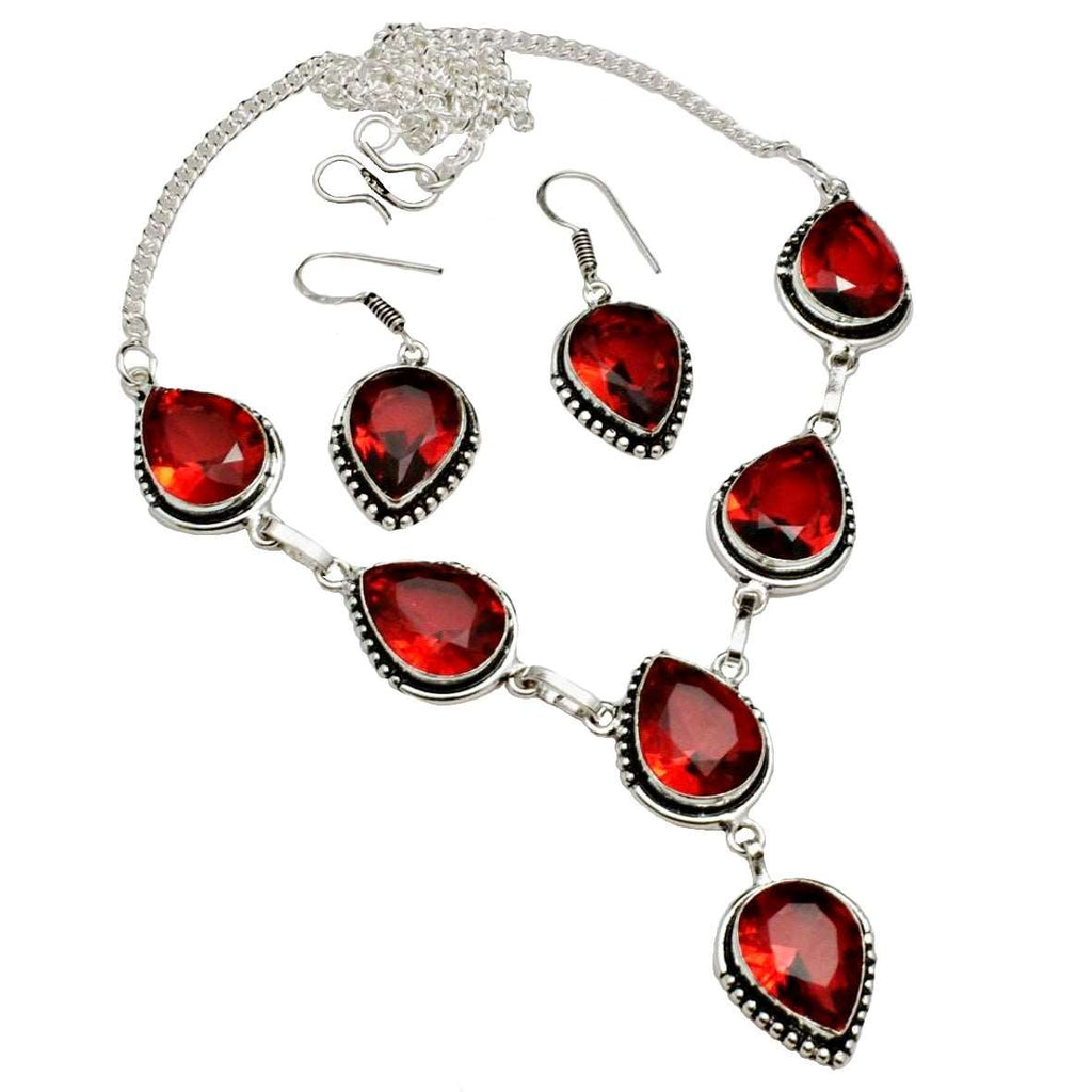 Handmade Garnet Pear Gemstones .925 Silver Necklace and Earrings Set