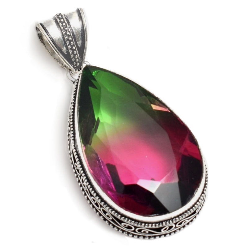 Handmade Bi-Colour Tourmaline Gemstone .925 Sterling Silver Fashion Pendant