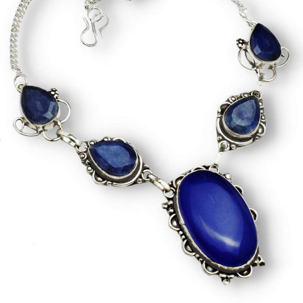 Handmade Antique Style Indian Sapphire Mixed Shape Gemstone 925 Silver Necklace