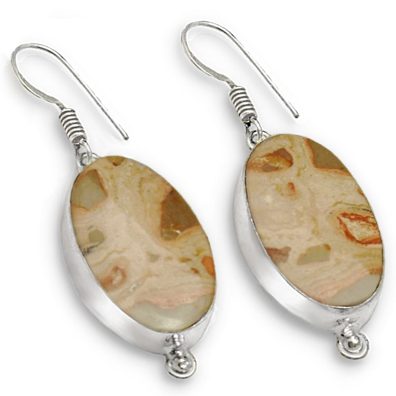 Natural Leopard Skin Jasper Oval Gemstone .925 Sterling Silver Earrings