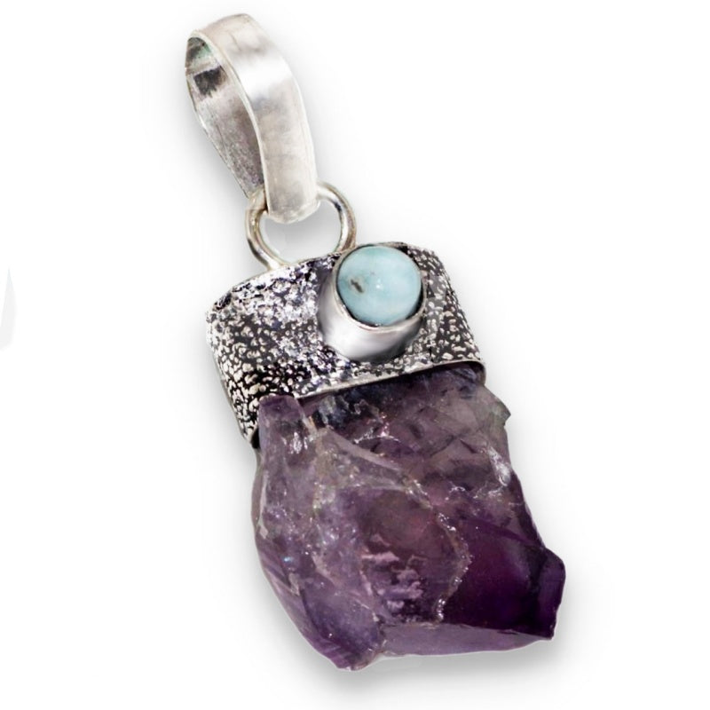 Natural Purple Amethyst Rough Caribbean Larimar Gemstone 925 Sterling Silver Pendant