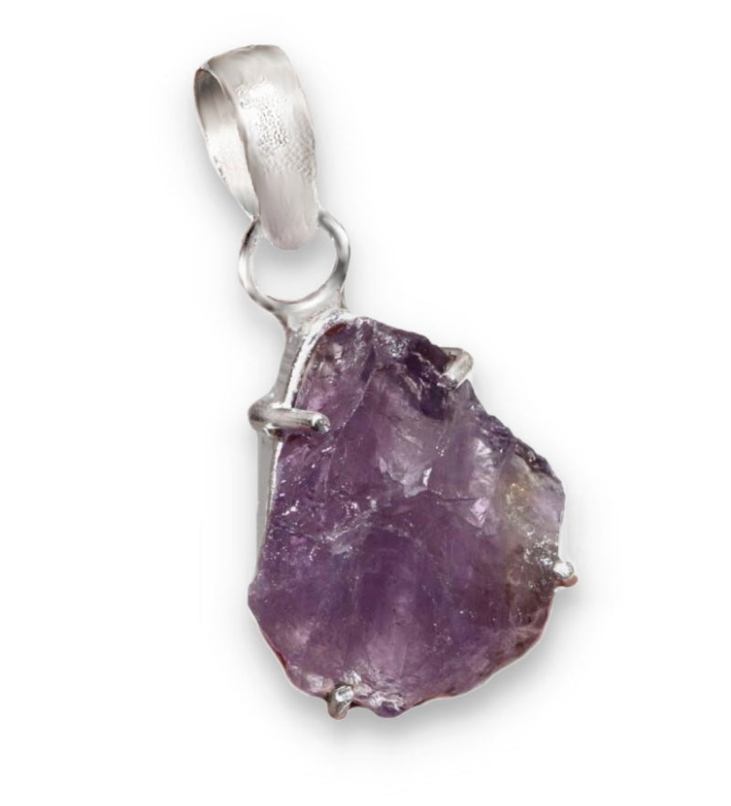 Dainty Natural Purple Amethyst Rough Gemstone 925 Silver Pendant