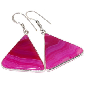 Natural Pink Botswana Lace Agate Triangle Gemstone .925 Sterling Silver Earrings