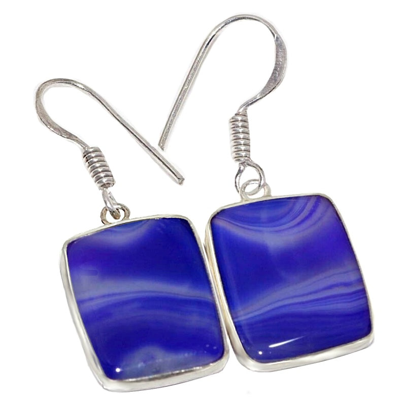 Natural Botswana Lace Agate Rectangle Gemstone .925 Sterling Silver Earrings