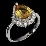 Natural Unheated Citrine Pear , AAA White Cubic Zirconia Solid .925 Silver,14K White Gold Ring Size 7 / O