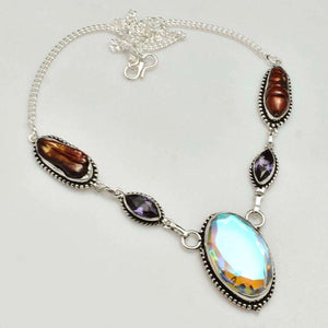 Aqua PInk Mystic Fire Topaz Purple amethyst and Biwa Pearl .925 Sterling Silver Necklace