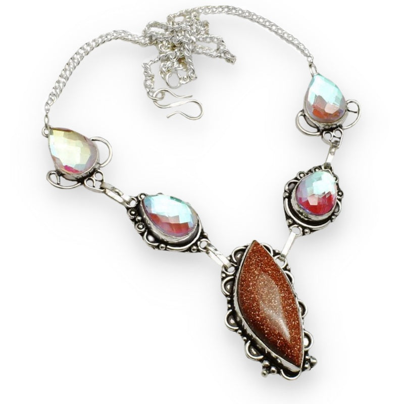 Aqua PInk Mystic Fire Topaz and Goldstone .925 Sterling Silver Necklace