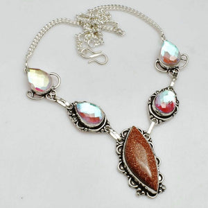 Aqua PInk Mystic Fire Topaz and Goldstone .925 Sterling Silver Necklace