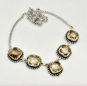 Elegant Faceted Citrine Square Gemstones  .925 Sterling Silver Plated Necklace