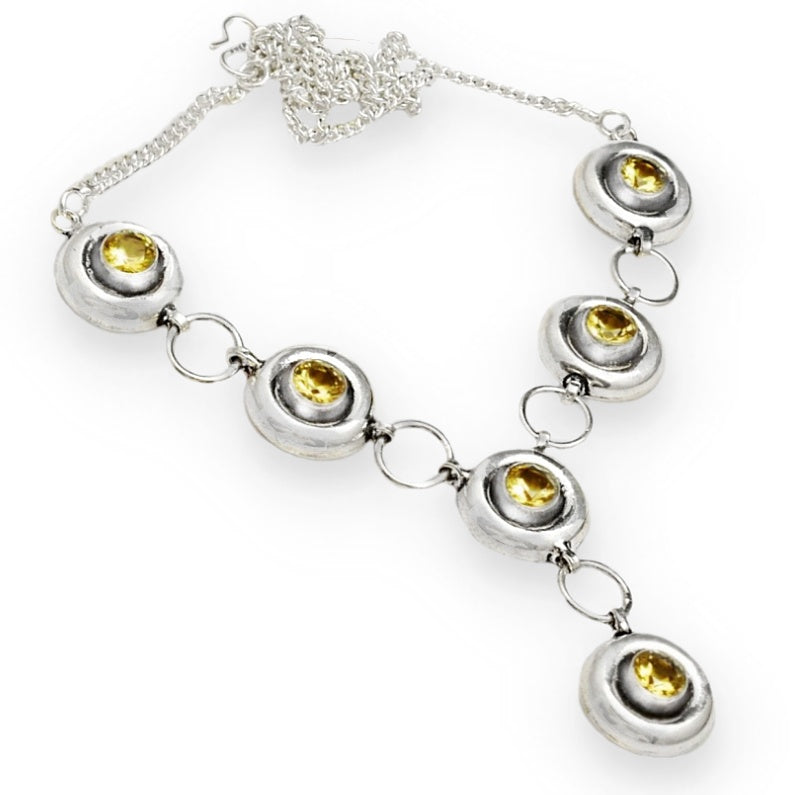 Handmade Sunny Citrine Round Gemstones .925 Sterling Silver Plated Necklace