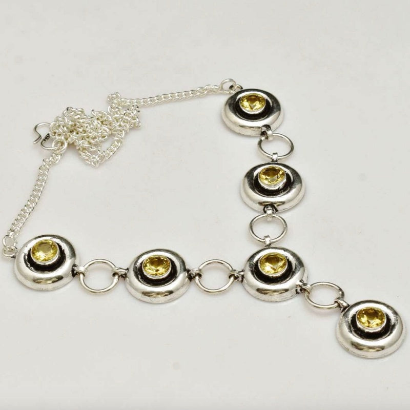 Handmade Sunny Citrine Round Gemstones .925 Sterling Silver Plated Necklace