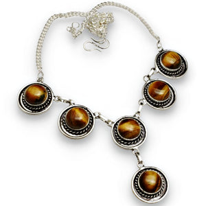 Natural Tigers Eye Round Cab Gemstones .925 Sterling Silver Necklace