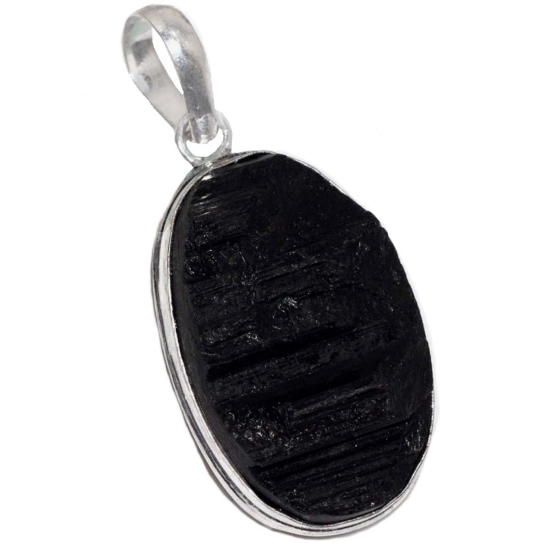 Natural Black Tourmaline Rough Oval Gemstone .925 Sterling Silver Pendant