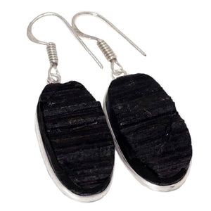 Natural Rough Black Tourmaline Oval Gemstone .925 Sterling Silver Earrings