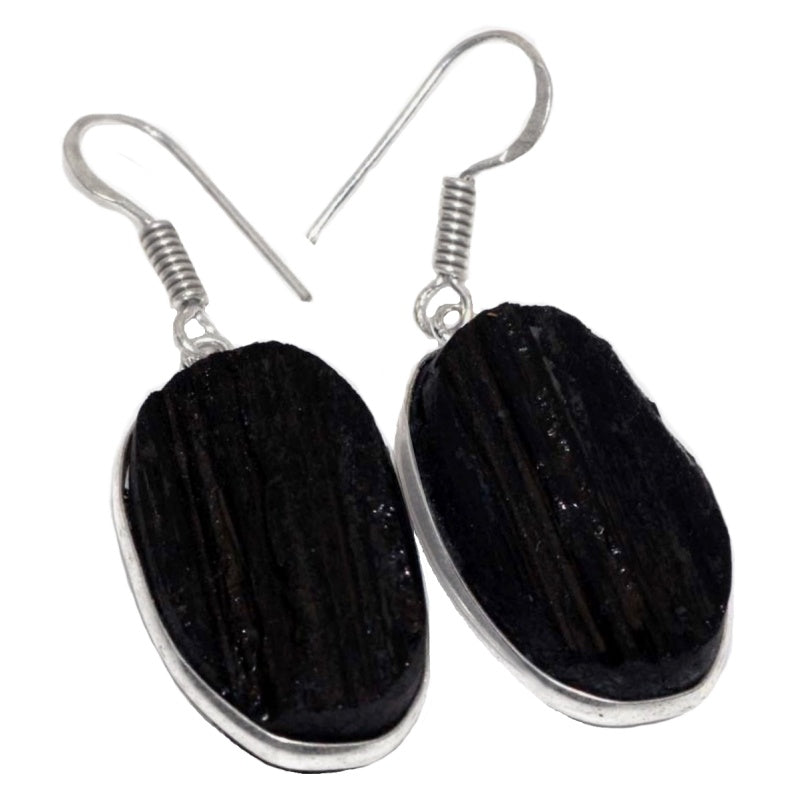 Natural Black Tourmaline Rough Oval Gemstone .925 Sterling Silver Earrings