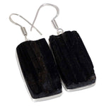 Natural Black Tourmaline Rough Rectangle Gemstone .925 Sterling Silver Earrings