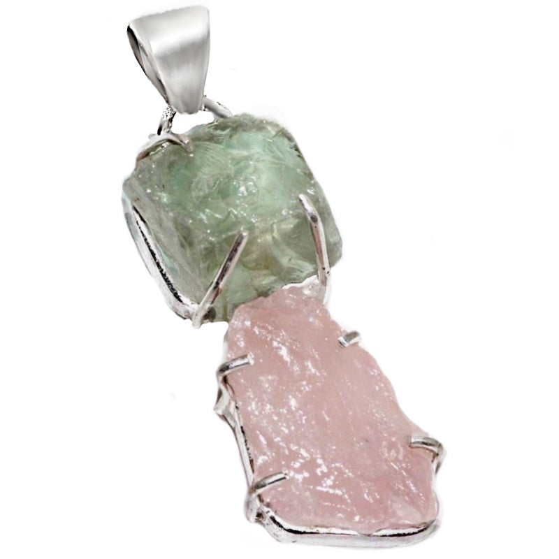 Handmade Natural Rough Rose Quartz and Green Amethyst Gemstone 925 Sterling Silver Pendant