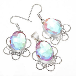 Handmade Rainbow Fire Topaz Gemstone Ovals .925 Sterling Silver Pendant and Earrings Set