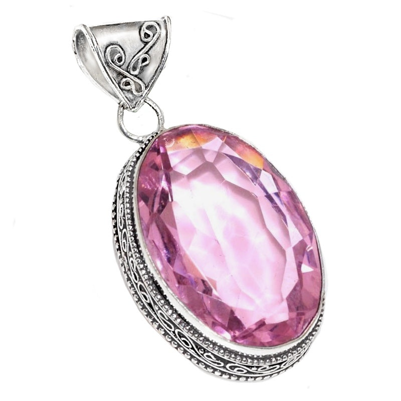 Handmade Simulated Pink Topaz Pear Shape Gemstones .925 Silver Pendant