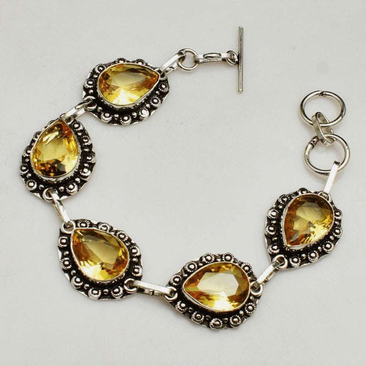 Handmade Faceted Sunny Citrine Pear Gemstones .925 Sterling Silver Plated  Bracelet