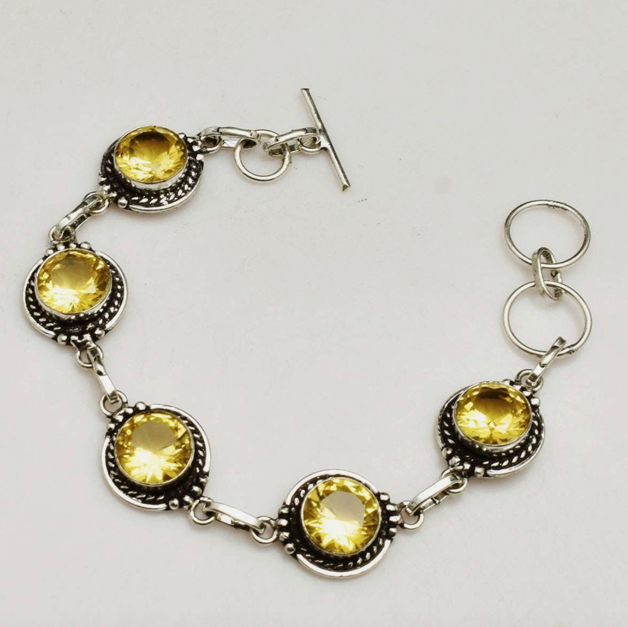 Handmade Faceted Sunny Citrine Round Gemstones .925 Sterling Silver Plated  Bracelet