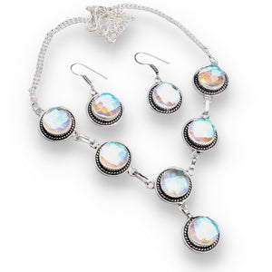 Handmade Aqua PInk Mystic Fire Topaz Gemstone .925 Sterling Silver Necklace and Earrings Set