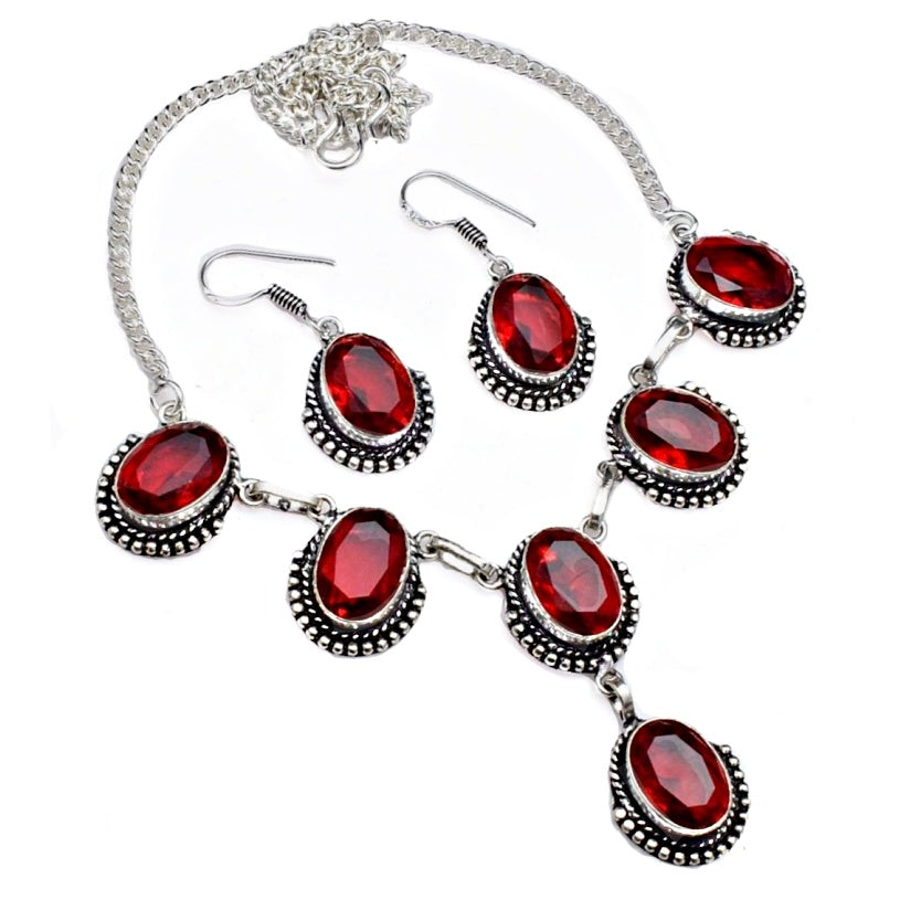 Handmade Garnet Oval Gemstones .925 Silver Necklace and Earrings Set