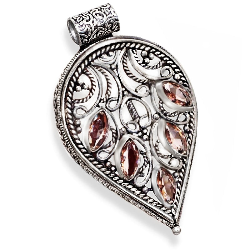 Handmade Antique Style Set Faceted Morganite Marquise Gemstones .925 Silver Pendant