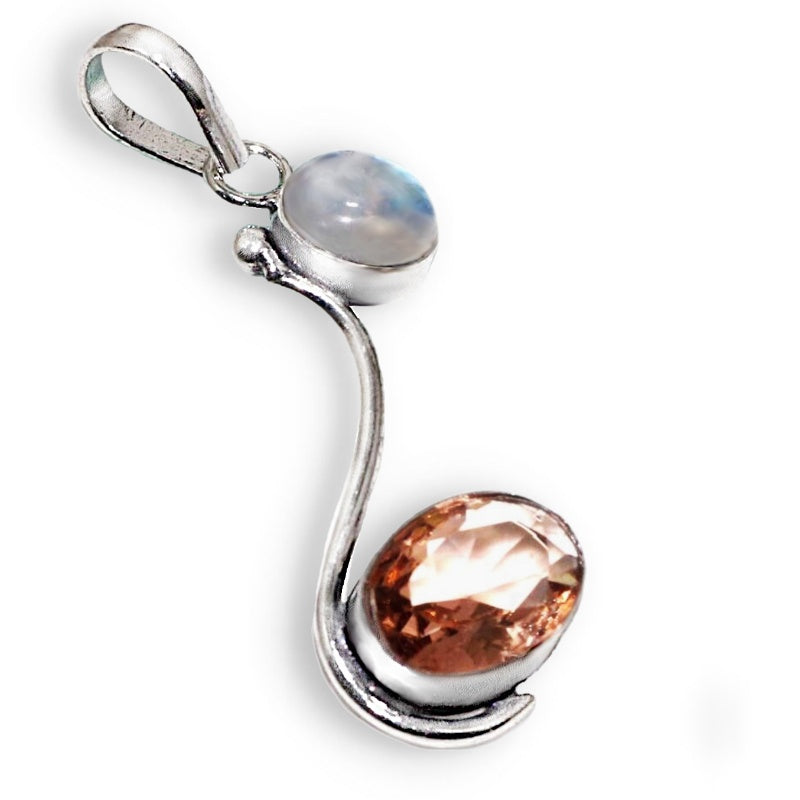 Handmade Modern Morganite and Moonstone Gemstone 925 Sterling Silver Pendant