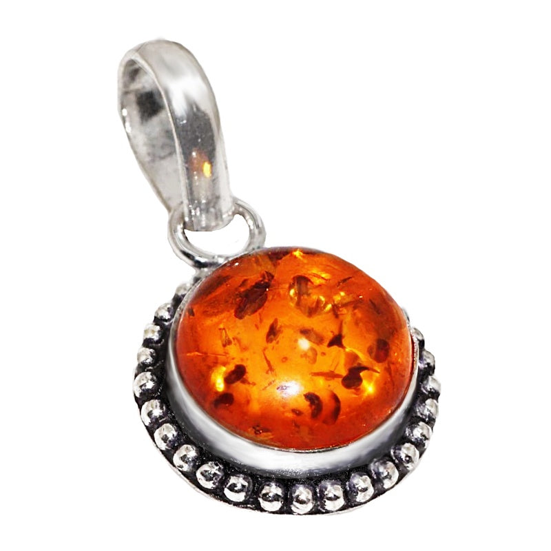 Handmade Antique Style Round Pressed Amber Gemstone .925 Sterling Silver Pendant