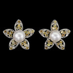 Natural Unheated Yellow Sapphires and Pearl in Solid 925 Sterling Silver 14K White Gold Earrings