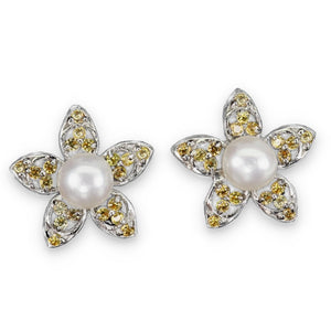 Natural Unheated Yellow Sapphires and Pearl in Solid 925 Sterling Silver 14K White Gold Earrings