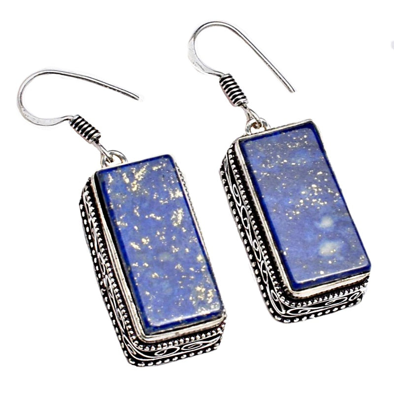 Natural Lapis Lazuli Rectangle Shape Gemstone .925 Silver Earrings